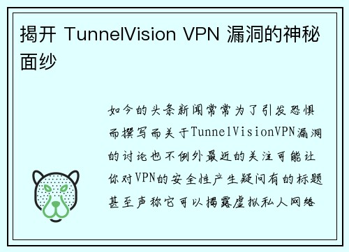 揭开 TunnelVision VPN 漏洞的神秘面纱 